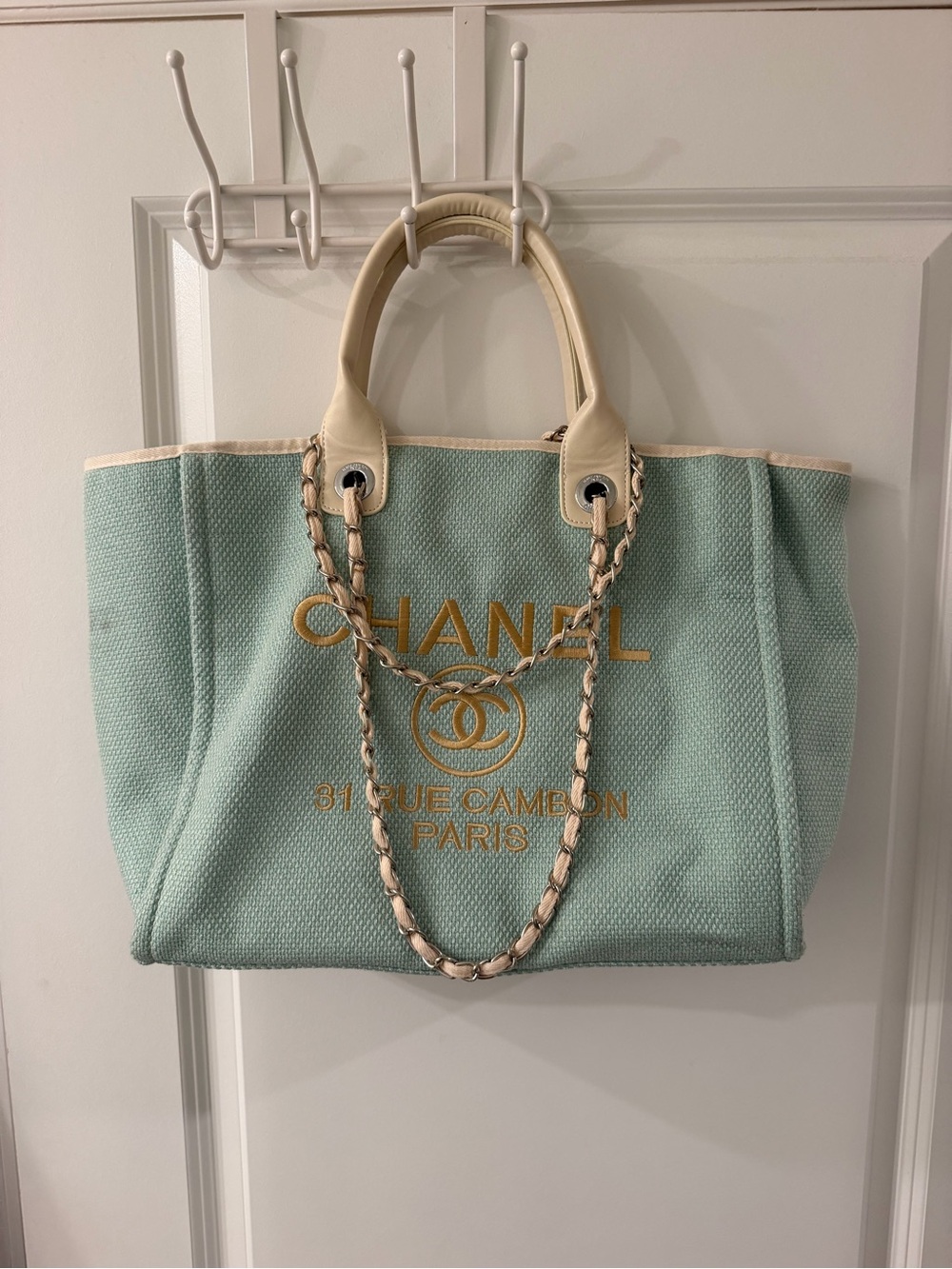 Mint Canvas Tote with Cream Leather Trim and Gold Logo